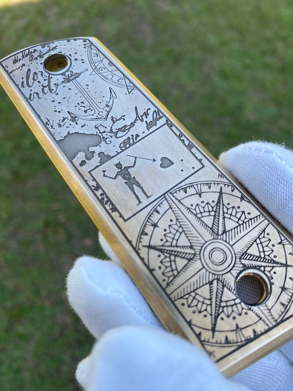 Brass Engraved 1911 Full Size Grips | Maritime | Blackbeard - Made in USA