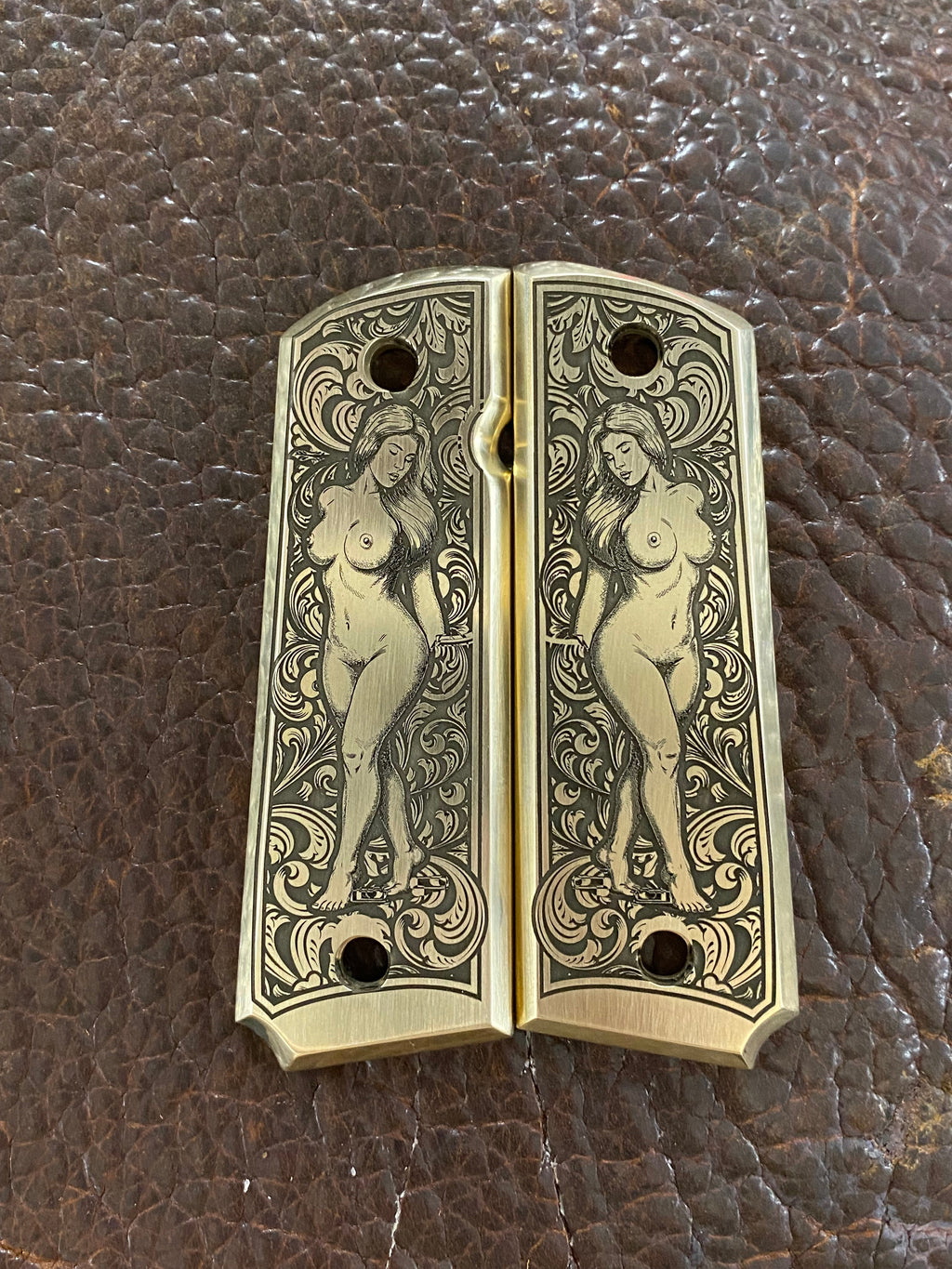 Brass Engraved 1911 Full Size Grips - Pinup Full Body Design - Made in USA