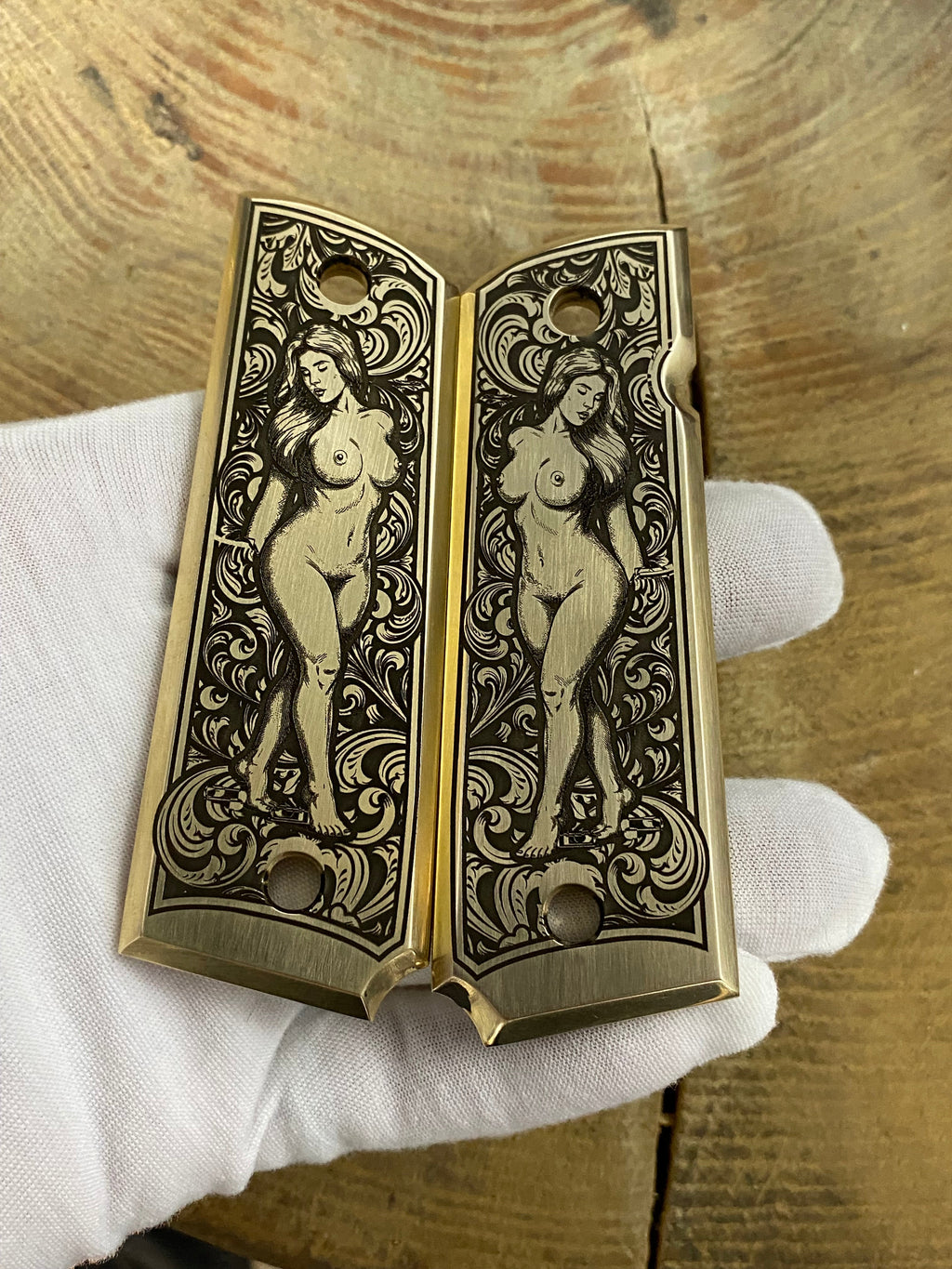 Brass Engraved 1911 Full Size Grips - Pinup Full Body Design - Made in USA