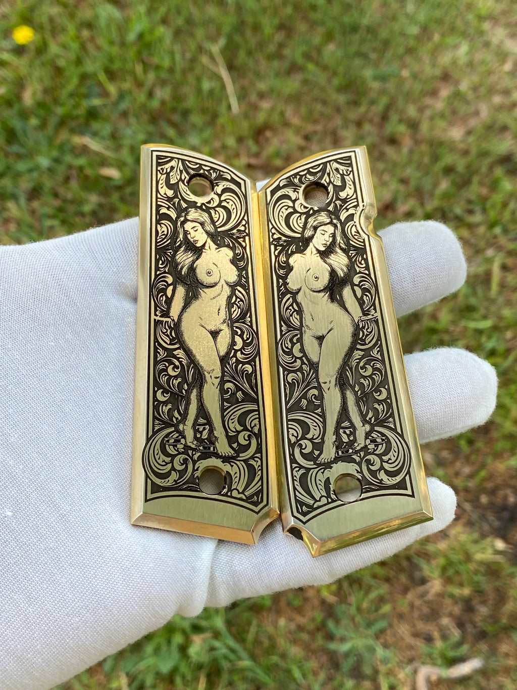 Brass Engraved 1911 Full Size Grips - Pinup Full Body Design - Made in USA