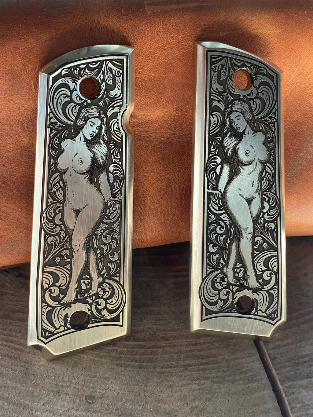 Brass Engraved 1911 Full Size Grips - Pinup Full Body Design - Made in USA