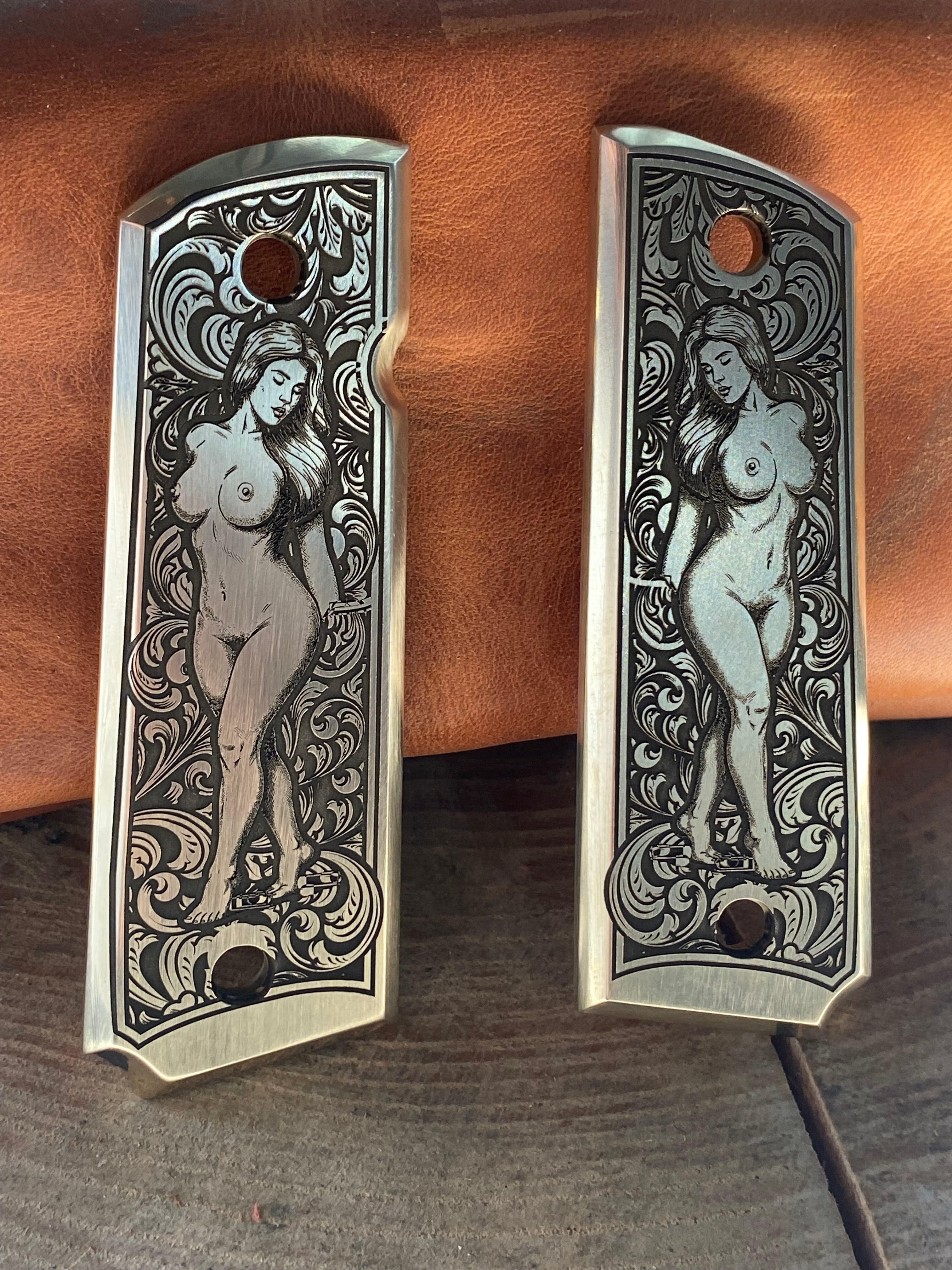Brass Engraved 1911 Full Size Grips - Pinup Full Body Design - Made in USA