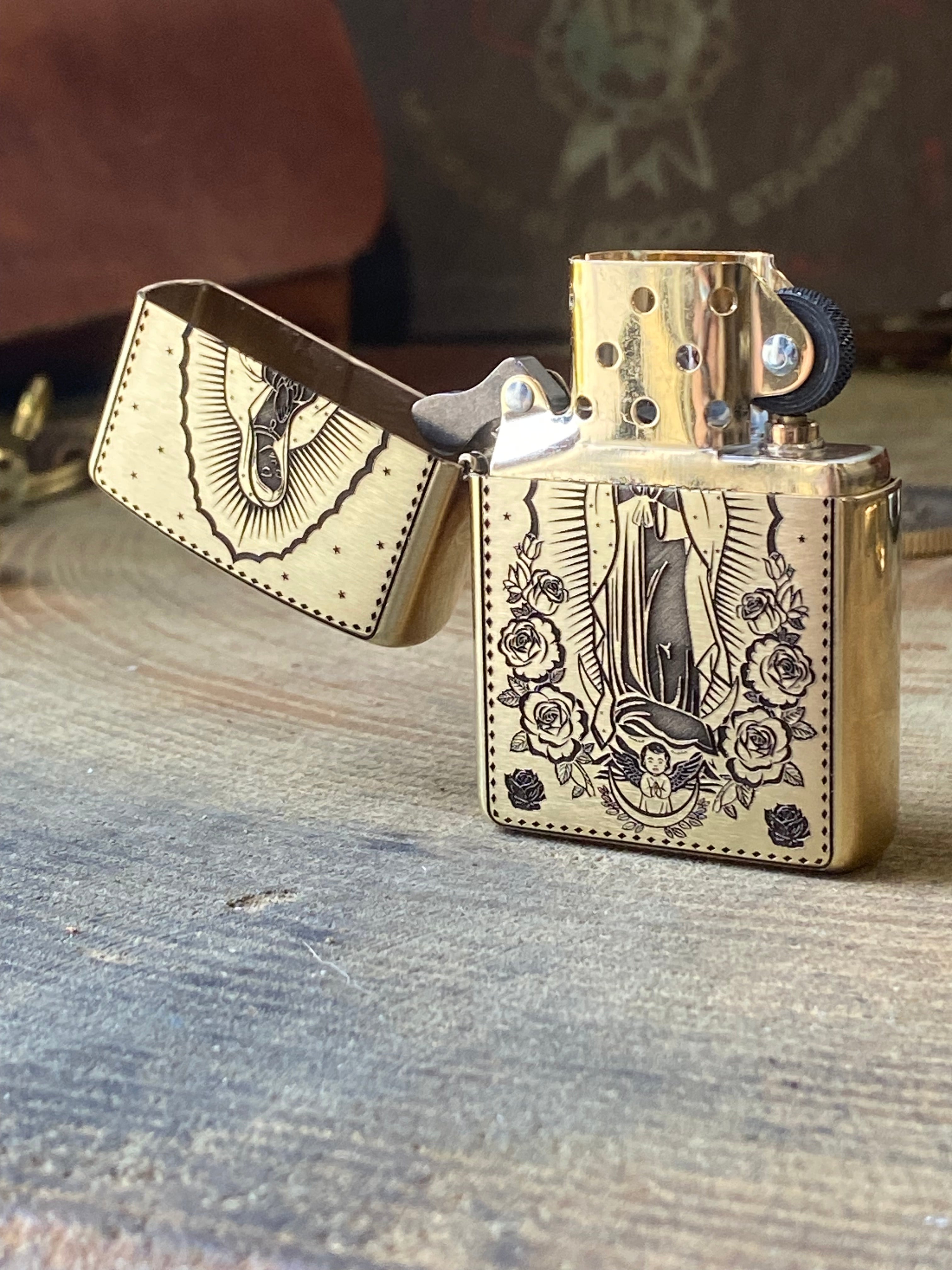 Holy Mother & Santa Muerte | | 2 Side Engraved | Brass Armor Zippo