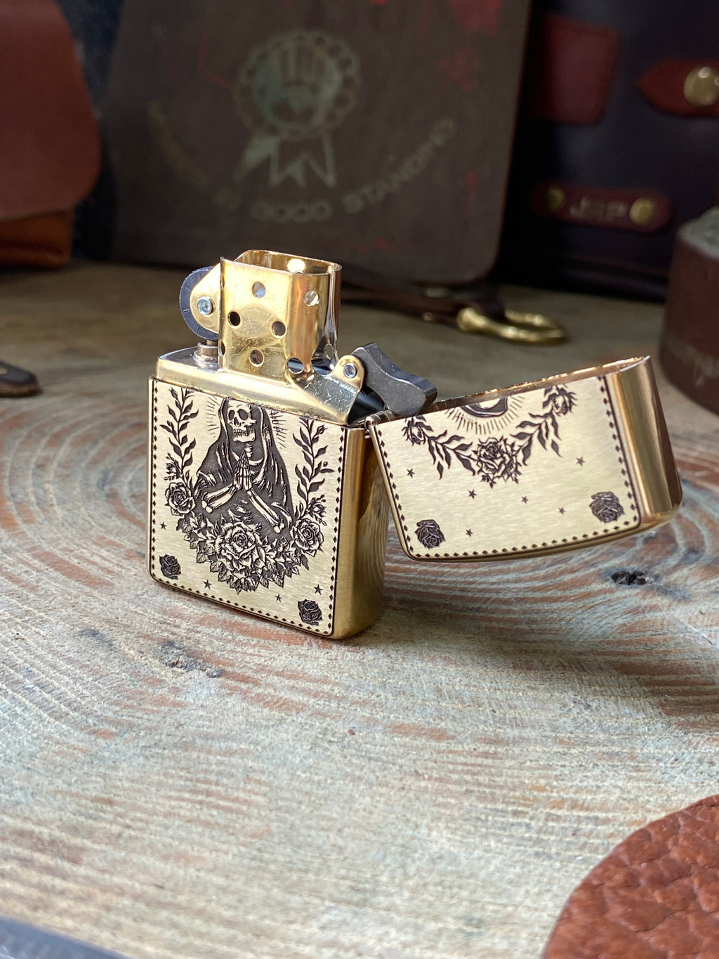 Holy Mother & Santa Muerte | | 2 Side Engraved | Brass Armor Zippo