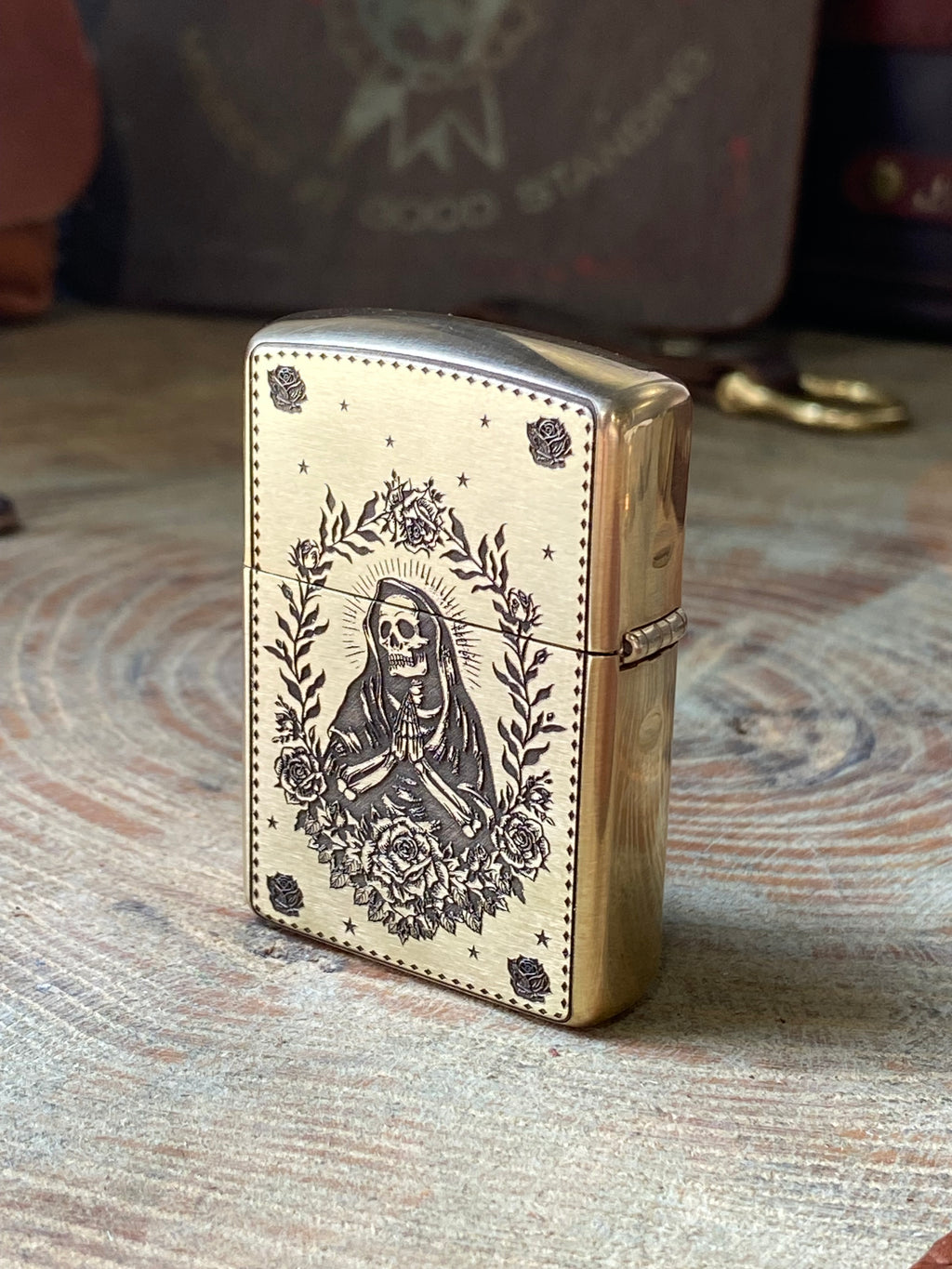 Holy Mother & Santa Muerte | | 2 Side Engraved | Brass Armor Zippo