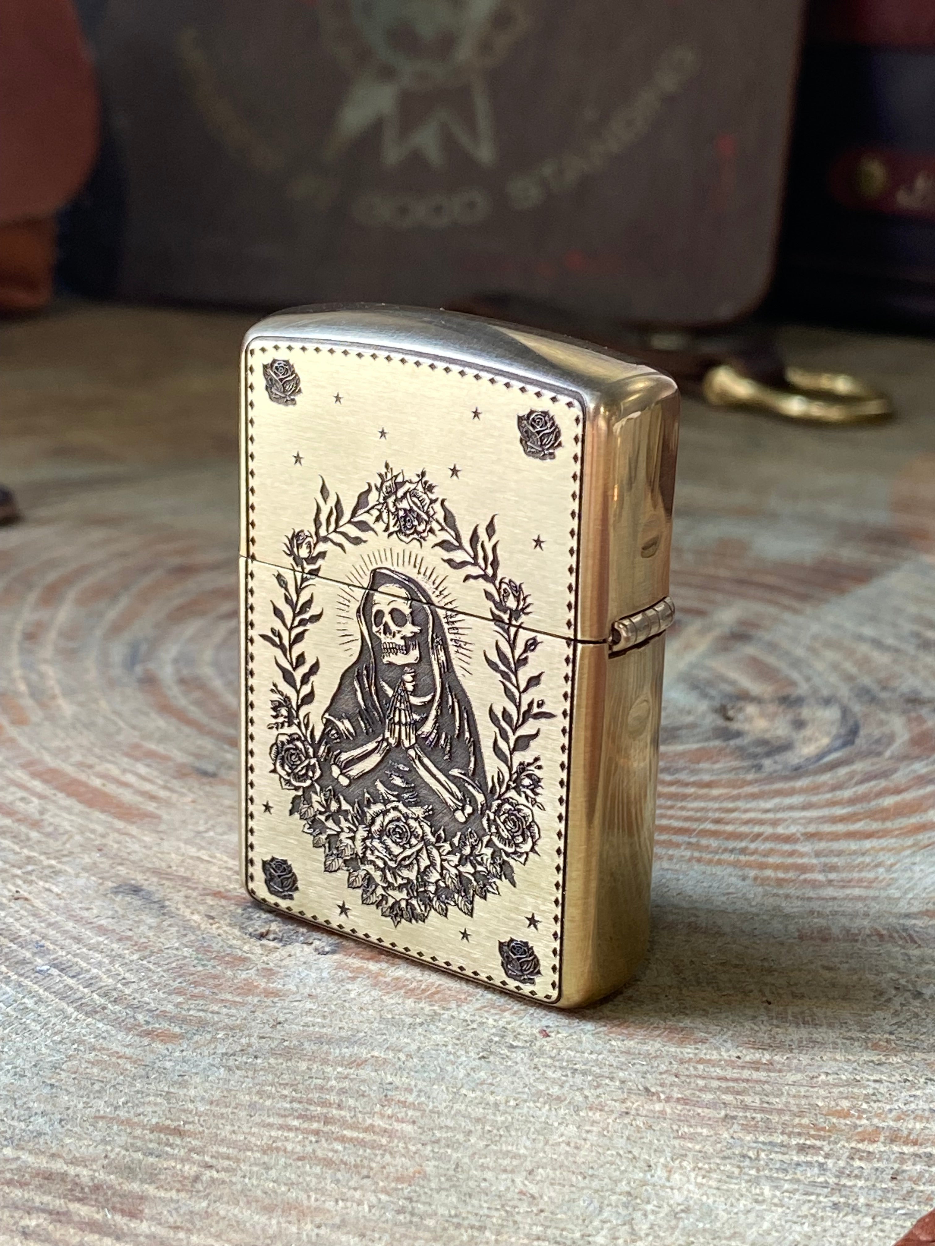 Holy Mother & Santa Muerte | | 2 Side Engraved | Brass Armor Zippo