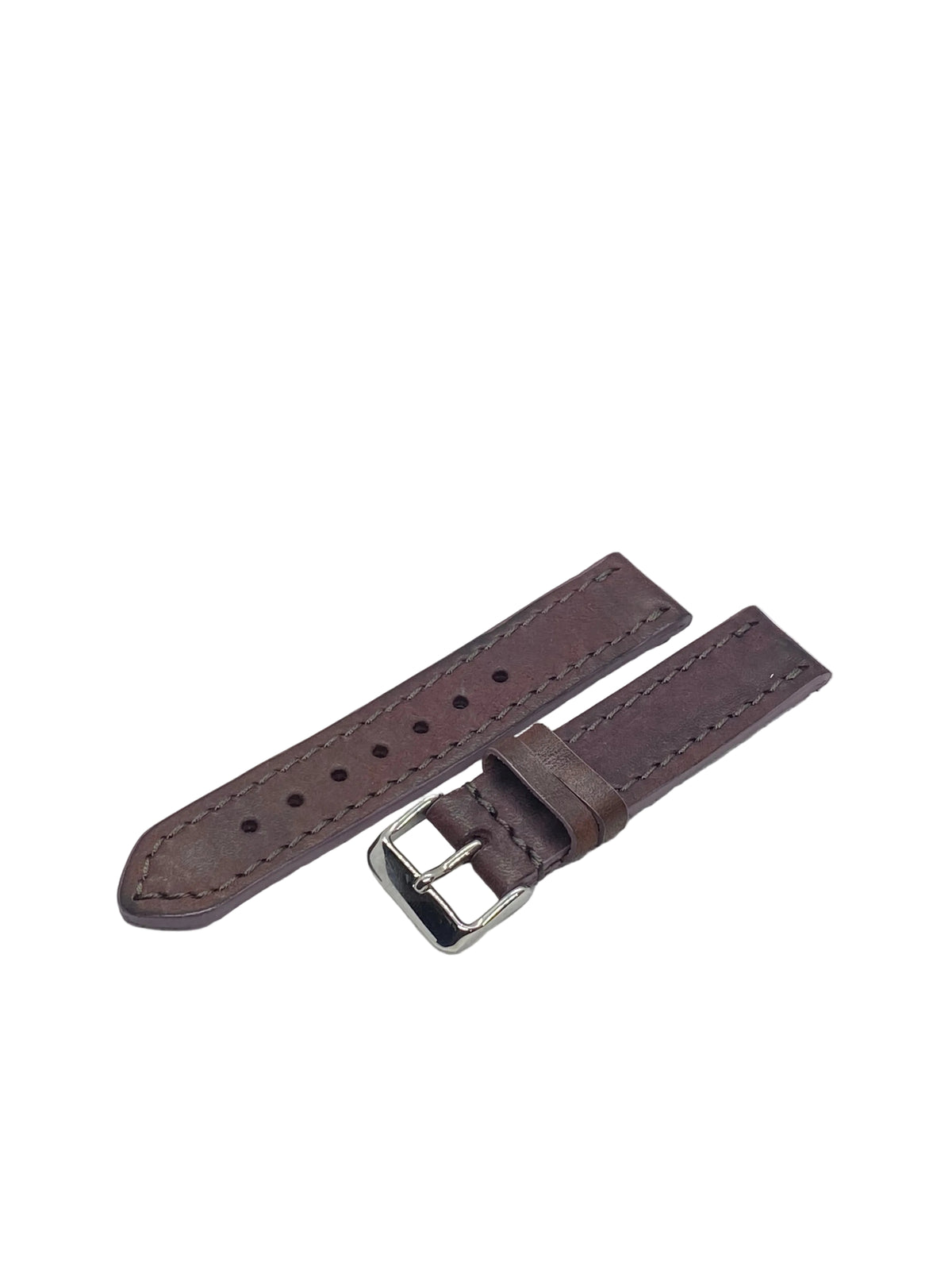 A plum purple badalassi carlo italian leather watch strap with a silver-tone metal buckle, laid flat on a light gray textured fabric background.