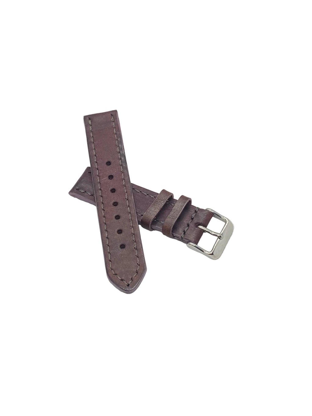 A purple plum badalassi carlo italian leather watch strap with a silver-toned metal buckle, laid flat on a textured white surface.