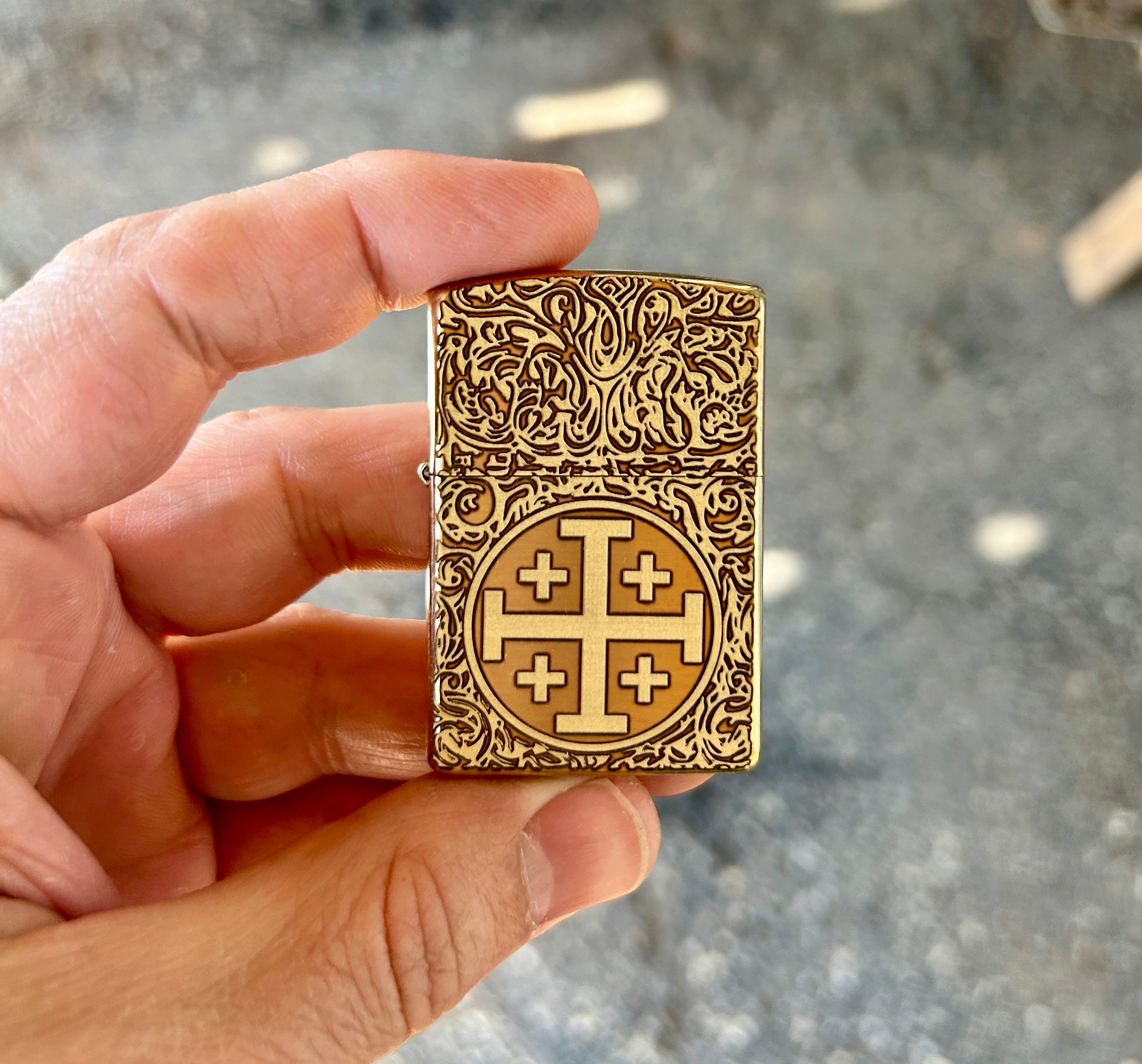 Engraved Brass Zippo Lighter | Jerusalem Cross | Made in the USA | Solid Brass Armor Case