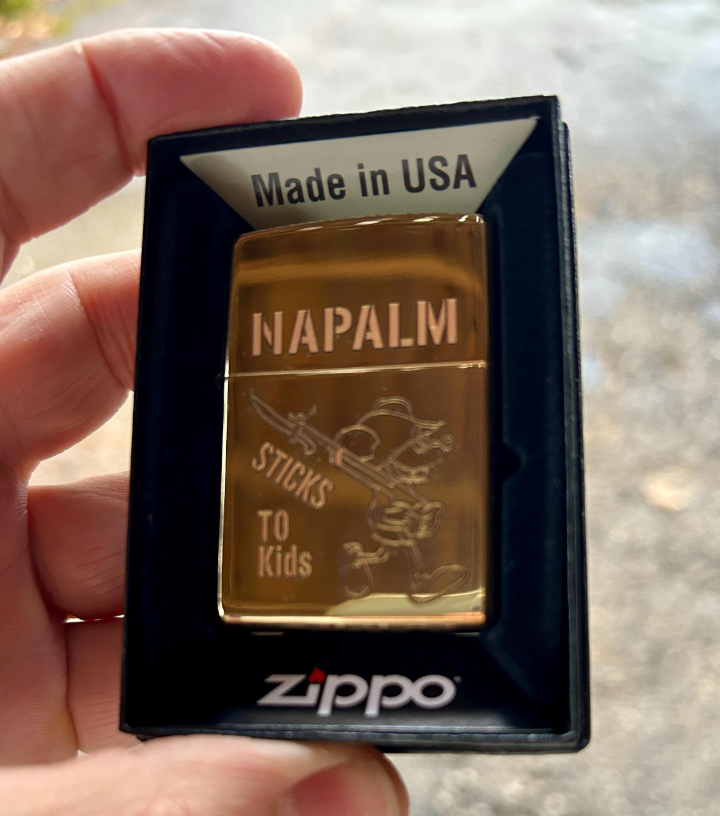 Napalm Sticks to Kids Zippo | Brass Armor Zippo | Vietnam War Replica